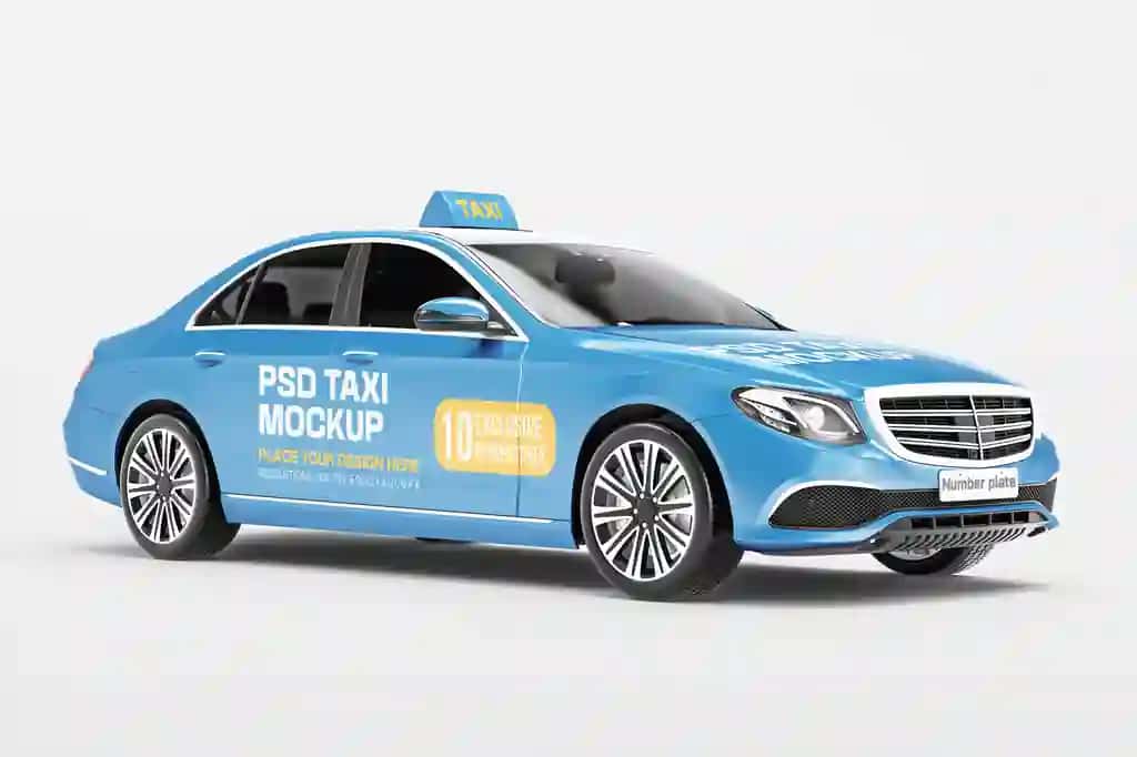 3D renderlangan yoʻlovchi taksi mashinasi maketi old oʻngdan istiqbolli koʻrinish | 3d rendered passenger taxi car mockup front right perspective view