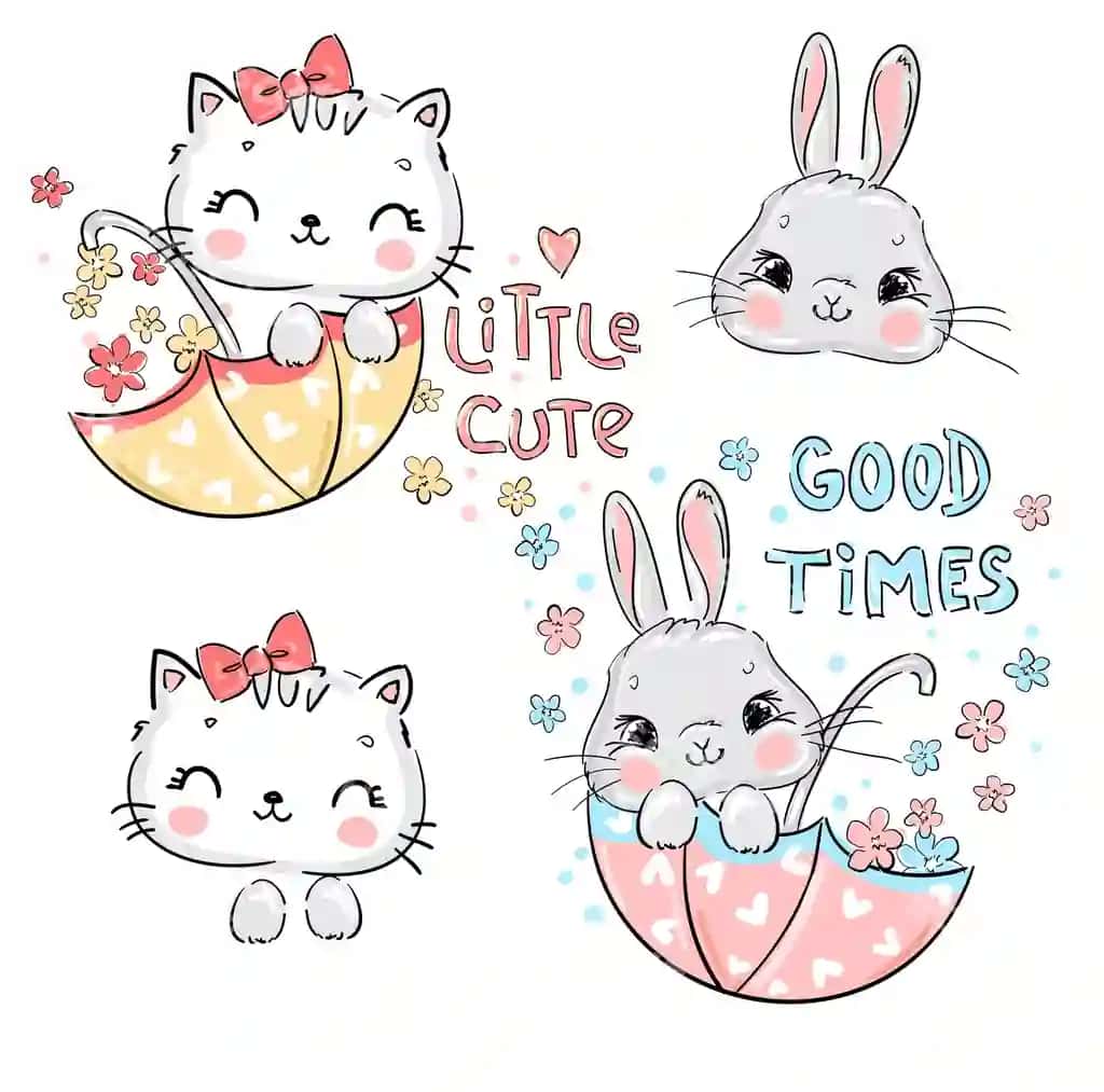 Qollanma chizilgan komplekt chiroyli kulimli mushuk, tulki, o'tirgan sopiq, gul, ajraltirilgan | Hand drawn set cute funny cat bunny sitting umbrella flowers isolated