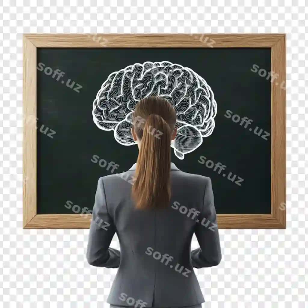 Ayol miyani chizish haqida o'ylayotgan, chuqur o'ylangan intellektual | Woman contemplating brain drawing blackboard deep thought intellectual