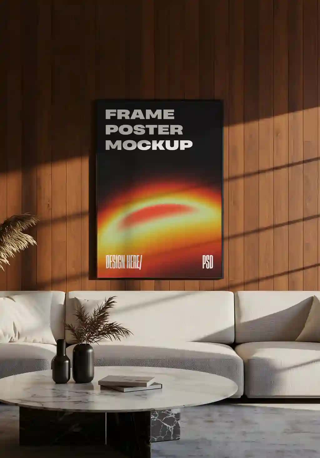 Ramkali plakat maketi bilan zamonaviy yashash xonasining ichki qismi | Modern living room interior with framed poster mockup