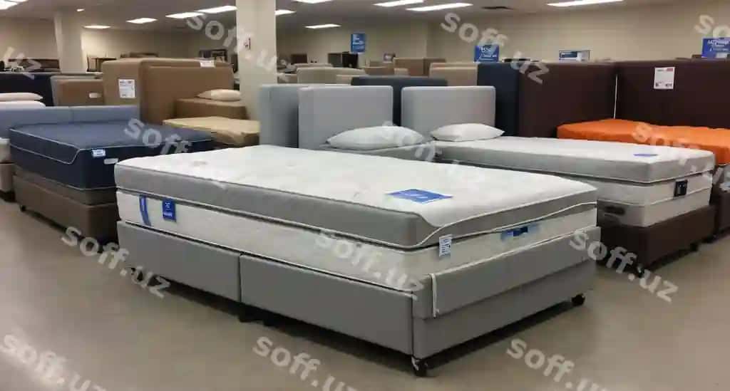 Bir nechta matrasli honra, o'z ichiga bitta ko'k rangli belkali matrasi kirgan. | Room with several mattresses including one with blue tag it