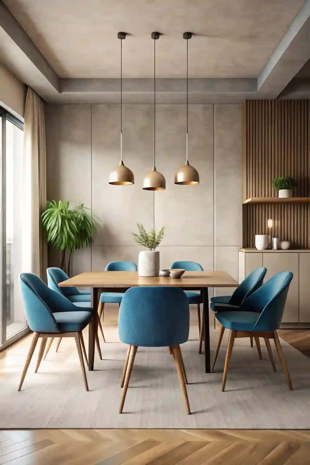 Bej rangli bo'sh devorlari bo'lgan zamonaviy minimalist ovqat xonasining ichki qismi, uning yonida ko'k stullar bilan beton stol 3D renderi | Modern minimalistic dining room interior with beige empty walls concrete table with blue chairs near it 3d renderi
