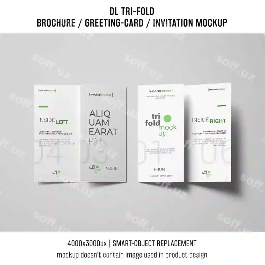Ikki uch qismlık broshyr taklif namunasi | Two trifold brochure invitation mockup