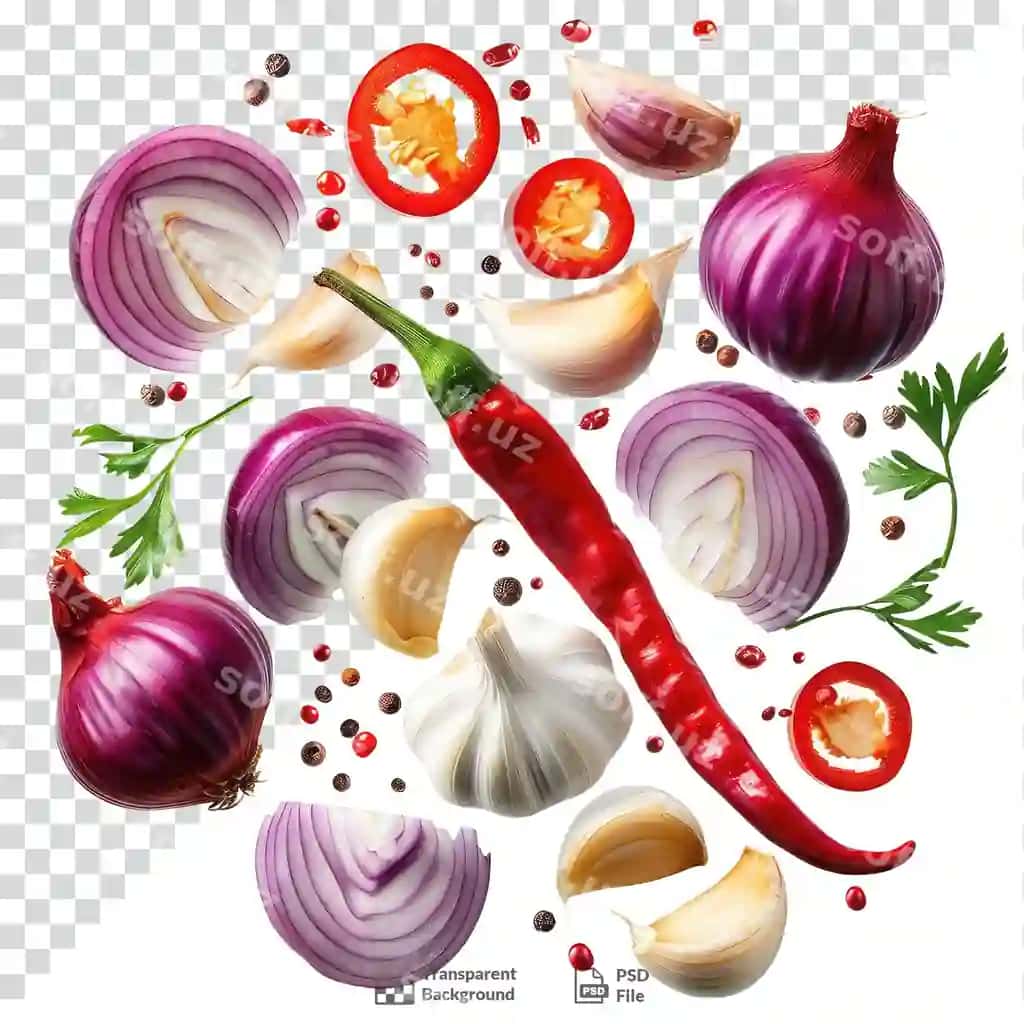 Kesilgan sarimsoq chili piyoz shaffof orqa fonda | Sliced garlic chilis onion transparent background