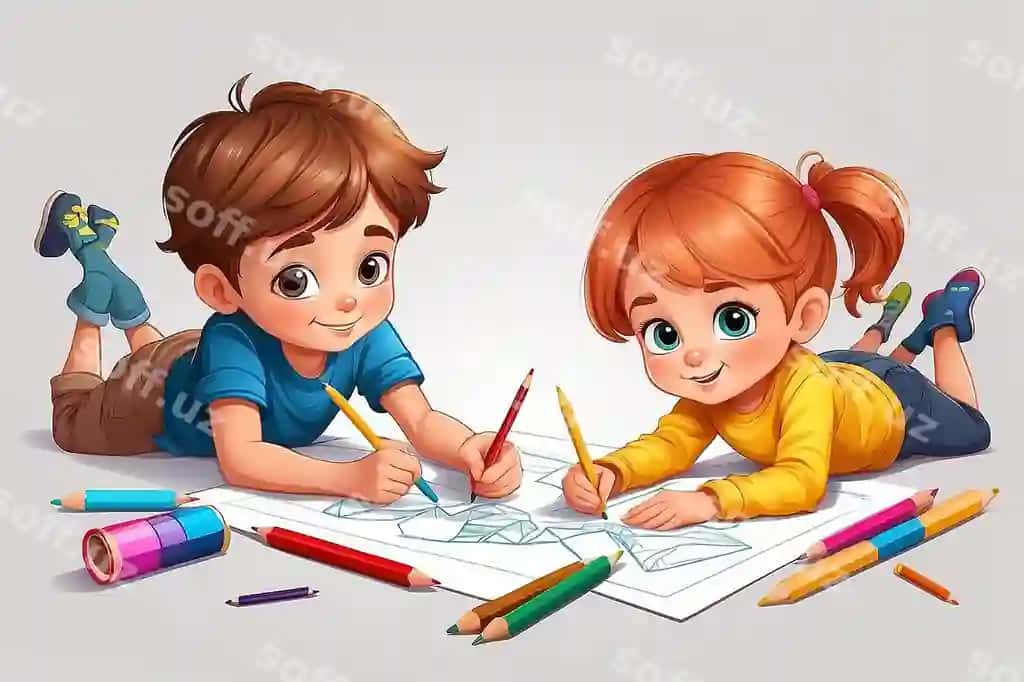 Kichkina o'g'il bola rangli qalamlar bilan qog'ozga pol qo'yib rasm chizmoqda | Little boy girl drawing pictures with color pencils paper laying floor