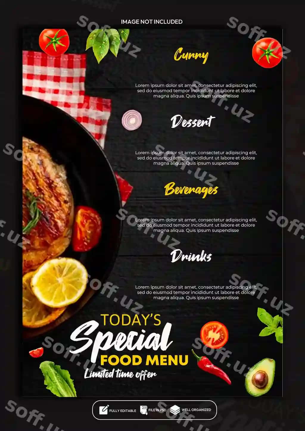 Restoran maxsus taom menyusi plakat shablonlari dizayni | Restaurant special food menu poster template design