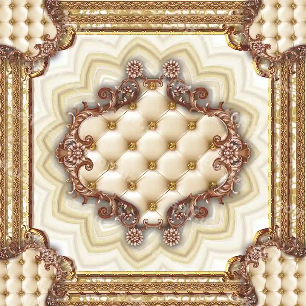 3d illyustratsiya oltin ichki klassik bezaklar 3d fon rasmi ship flex fon rasmi | 3d illustration golden interior classic decorations 3d wallpaper ceiling flex wallpaper