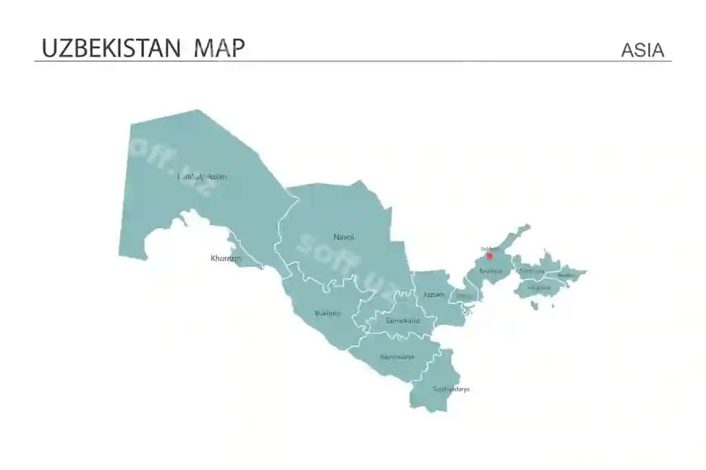O'zbekiston xaritasi vektorli illyustratsiya xaritasida barcha viloyat poytaxti belgisi mavjud | Uzbekistan map vector illustration map have all province mark capital