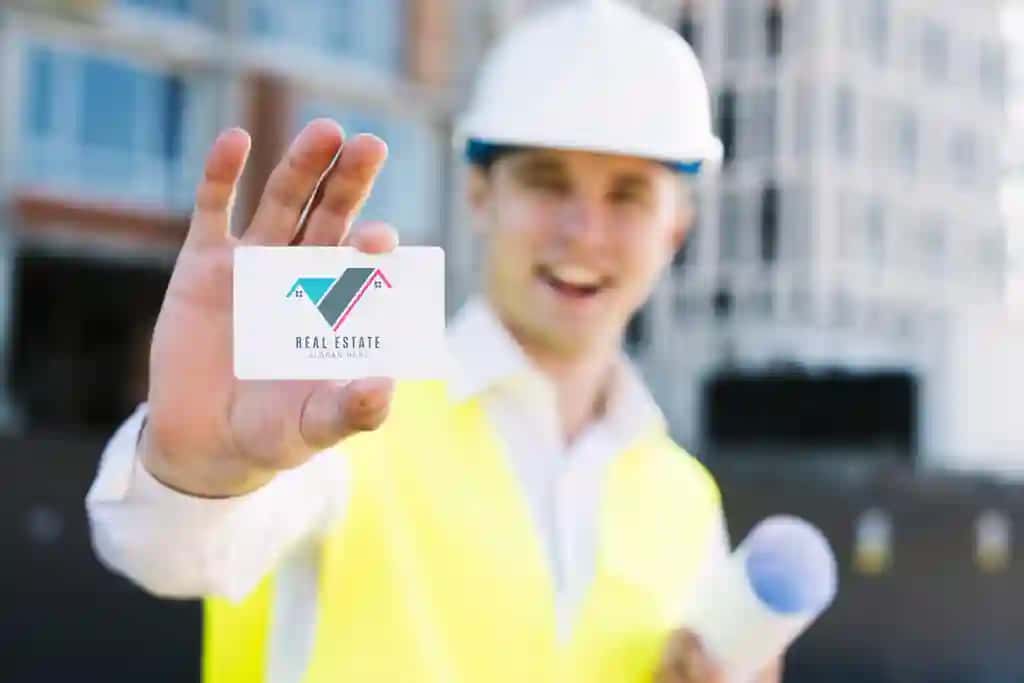 Biznes kartasini ushlab turgan yosh me'mor | Young architect holding business card