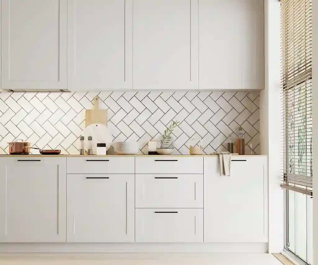 Oq shkafli plitkali zamonaviy oshxona interyeri 3D renderlash | Modern kitchen interior with white cabinets tile 3d rendering