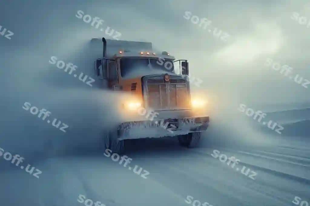 Yaqin rasm katta yuk avtomobili qishda katta qarqoncho yo'lga qarshi transportda qiyinchiliklar | Closeup large truck facing heavy snowstorm road winter transportation challenges