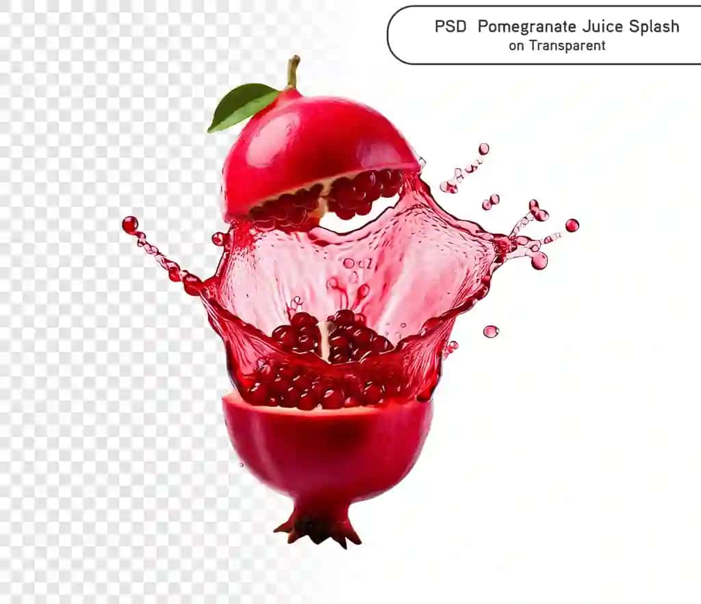 Psd anor mevali sharbati, sharob, pishgan anor bilan 3D splash to'lqini | Psd pomegranate fruit juice wine 3d splash wave with ripe pomegranate