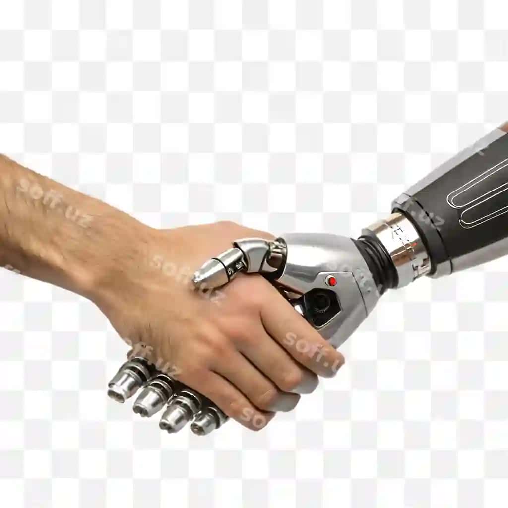 Zamonaviy AI roboti bilan qo'l berib ko'rishayotgan odam | Human handshaking with modern ai robot
