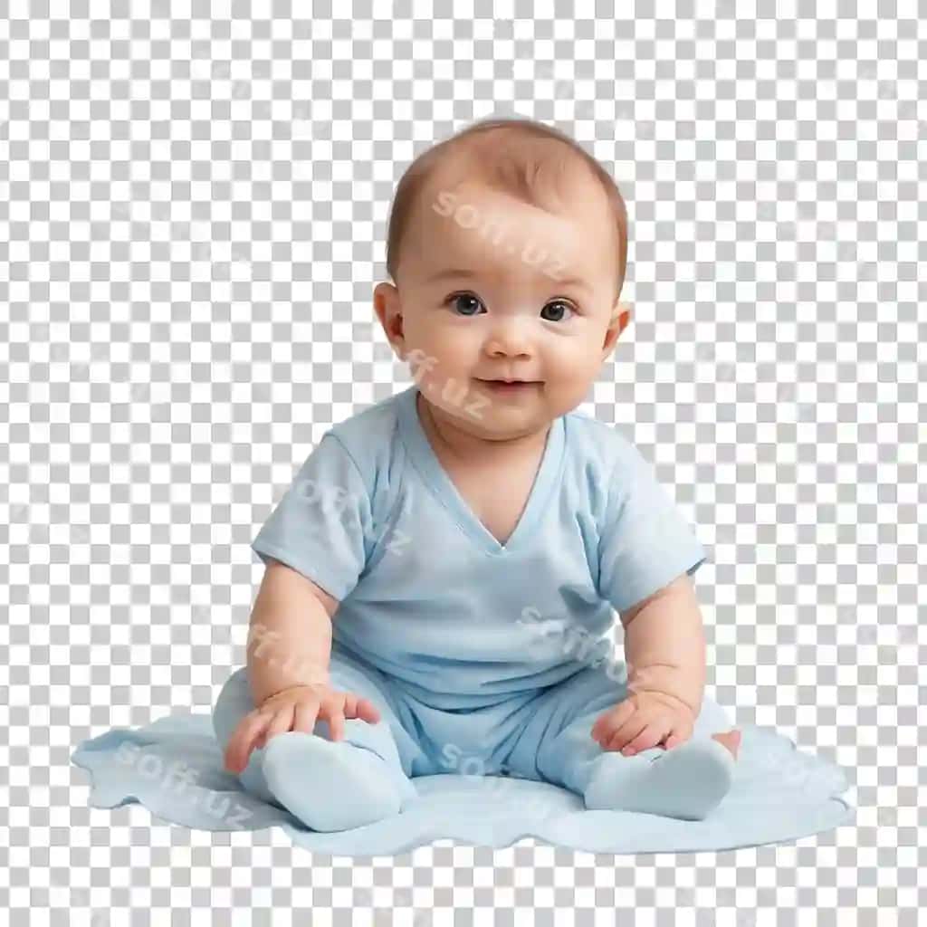 Chuqur ko'k matga o'tir, kiygan ko'k futbolka 'chuqur' yozilgan. | Baby sits blue mat with blue shirt that says baby