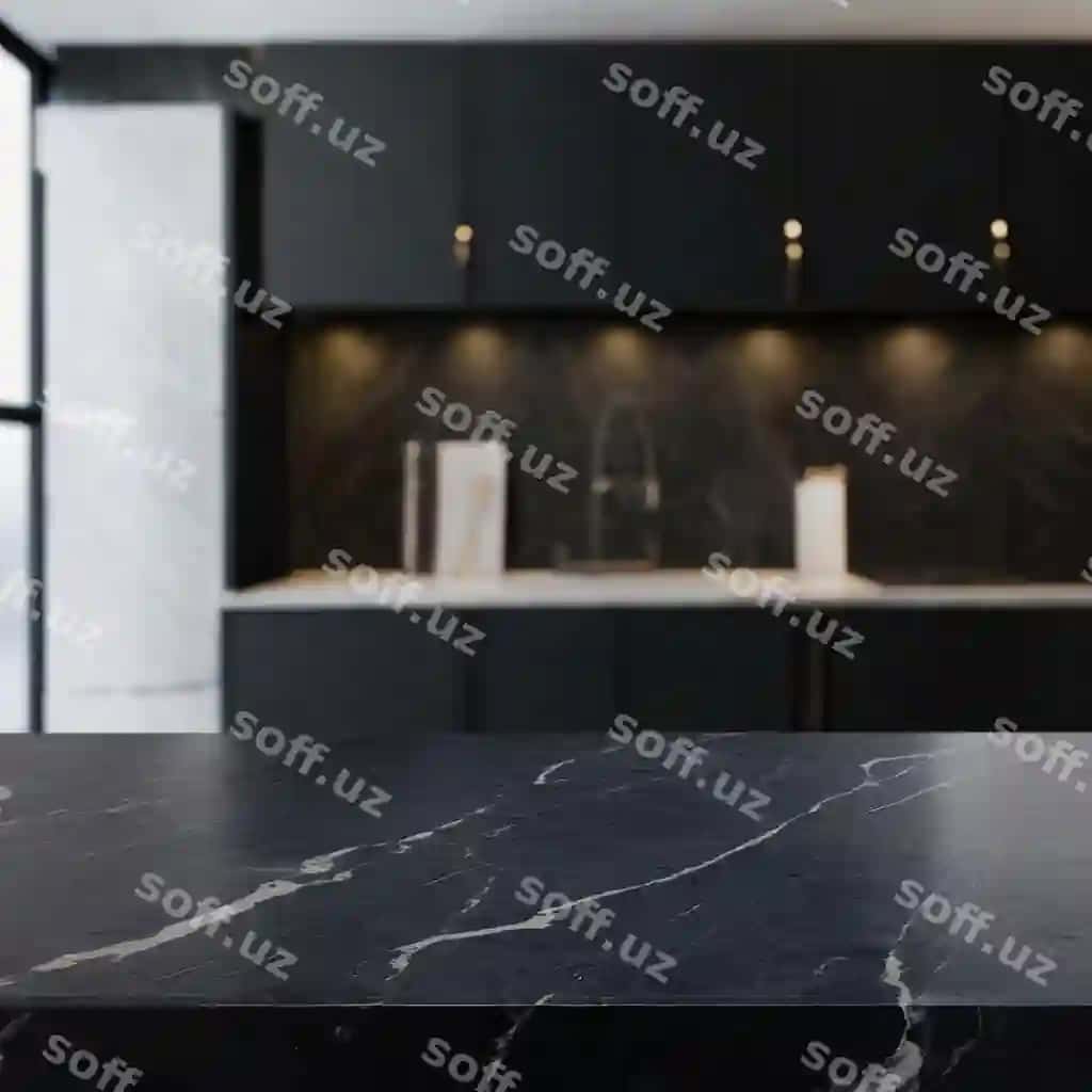 Qora marmar stol usti bulanmagan oshxona foni AI yaratilgan | Black marble tabletop blurred kitchen background ai generated