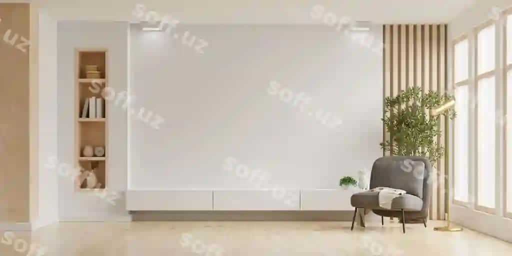 Model mehmonxona devorga qo'yilgan televizor, ko'rish va oq devor bilan | Mockup tv wall mounted with armchair living room with white wall