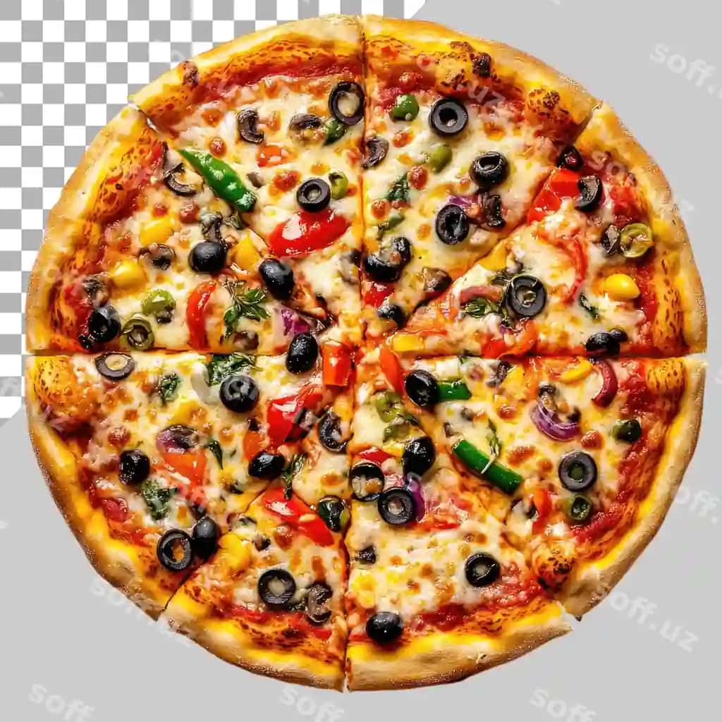 Qo'ziqorinli jambonli pizza, pomidor bo'laklari, tepasida o'rtasiga yog'och likopcha qo'yilgan | Pizza with ham mushrooms tomato slices top centered wooden plate