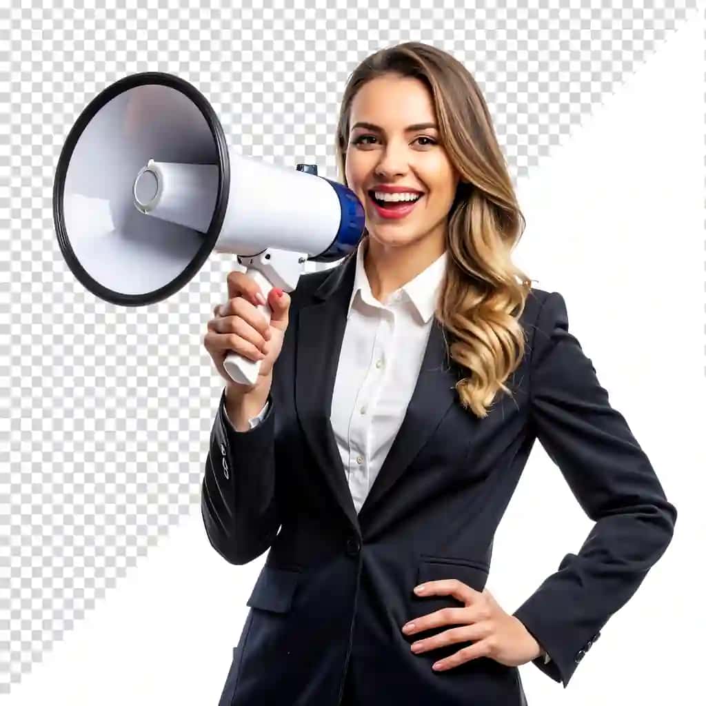 Megafonli ishbilarmon ayol muvaffaqiyatini e'lon qilmoqda | Businesswoman with megaphone announcing success
