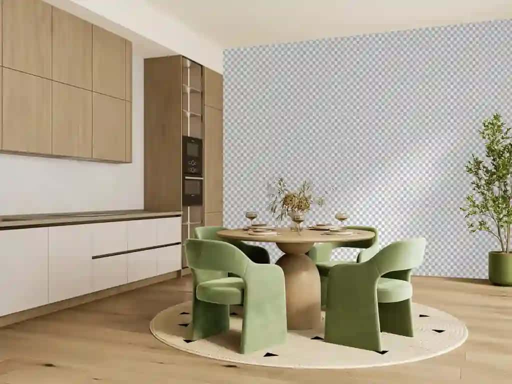 To'ldiruvchi devor bilan zamonaviy oshxona ovqat xonasining ichki qismi | Contemporary kitchen dining room interior with placeholder wall