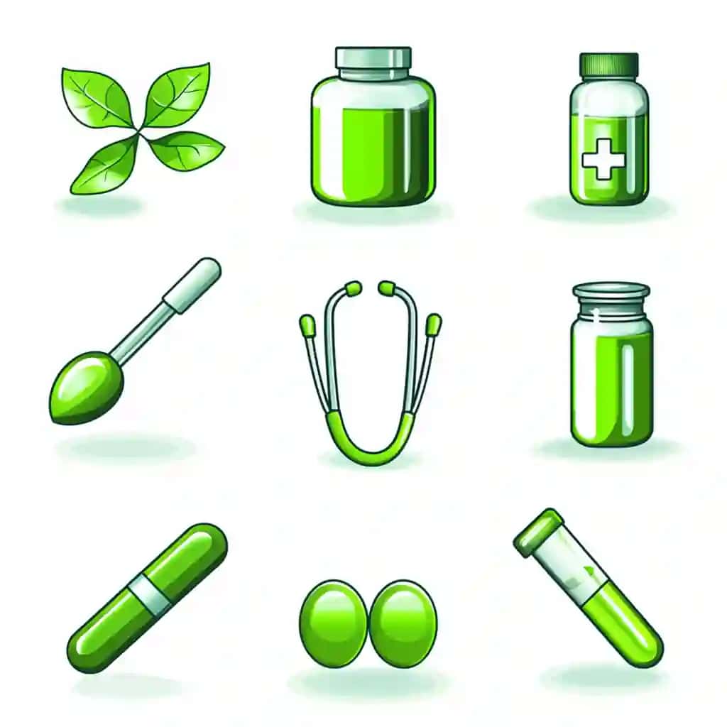 Har xil turdagi yashil piktogrammalarni to'plang, bir nechta tibbiy aksessuarlar, masalan, tabletkalar stetoskopi | Collection different types green icons several medical accessories such as pills stethoscope