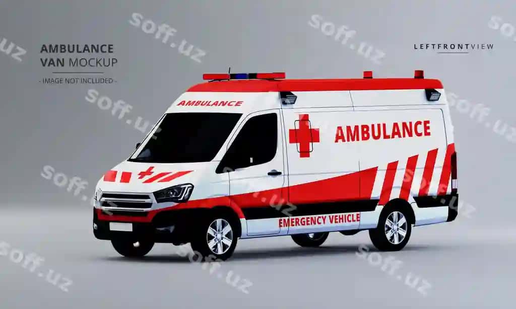 Haqiqiy hashamatli tez yordam mikroavtobusi old tomondan chap tomonda | Realistic luxury ambulance van car mock up left front view