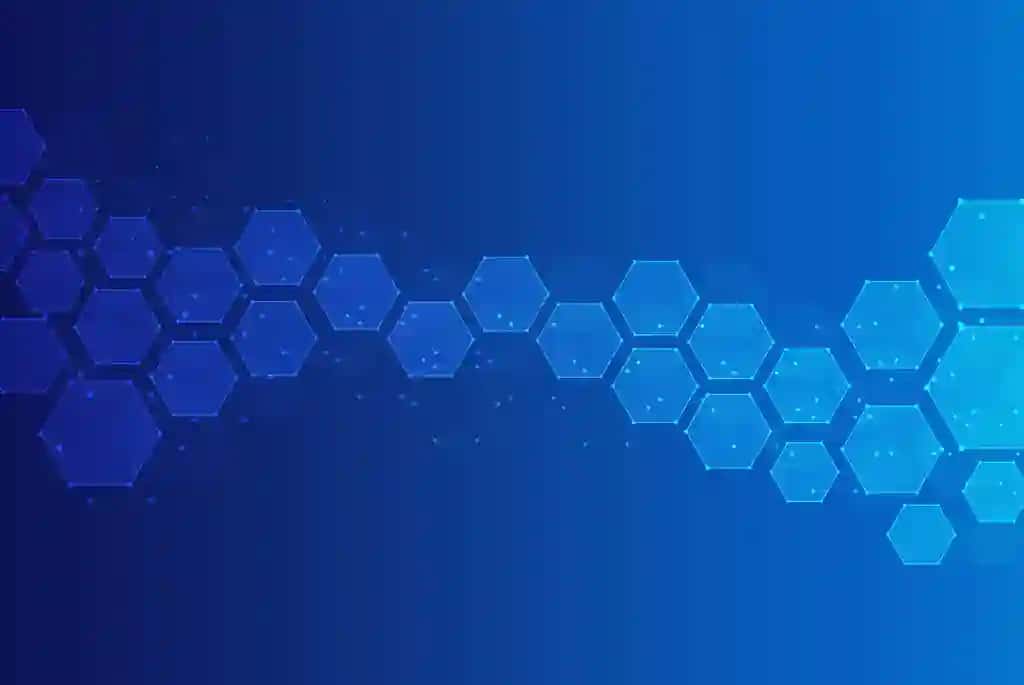 Olti burchakli naqsh ko'k fon genetik tadqiqot molekulyar tuzilishi | Hexagons pattern blue background genetic research molecular structure
