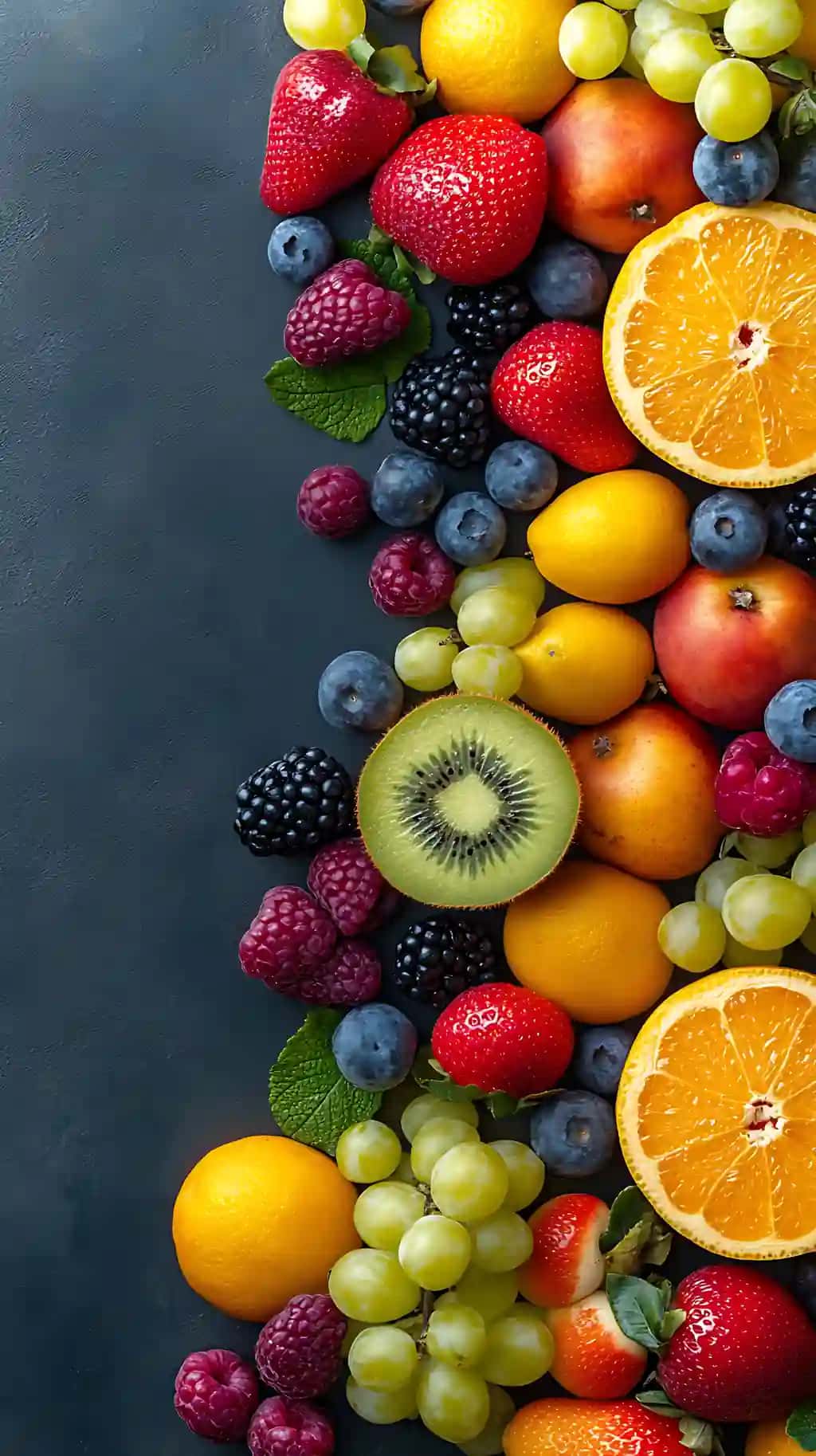 Fruits yuqori ko'rinishi qattiq fon bo'shliq matn | Fruits top view solid background space text