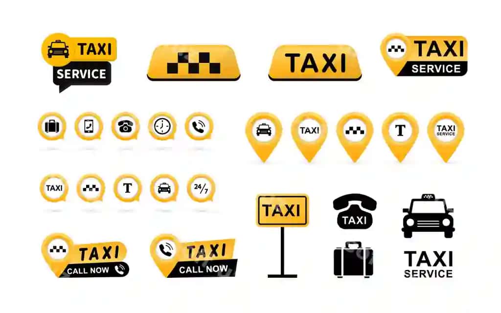 Taksi xizmati piktogrammalari taksi belgilarini o'rnatdi | Taxi service icons set taxi signs