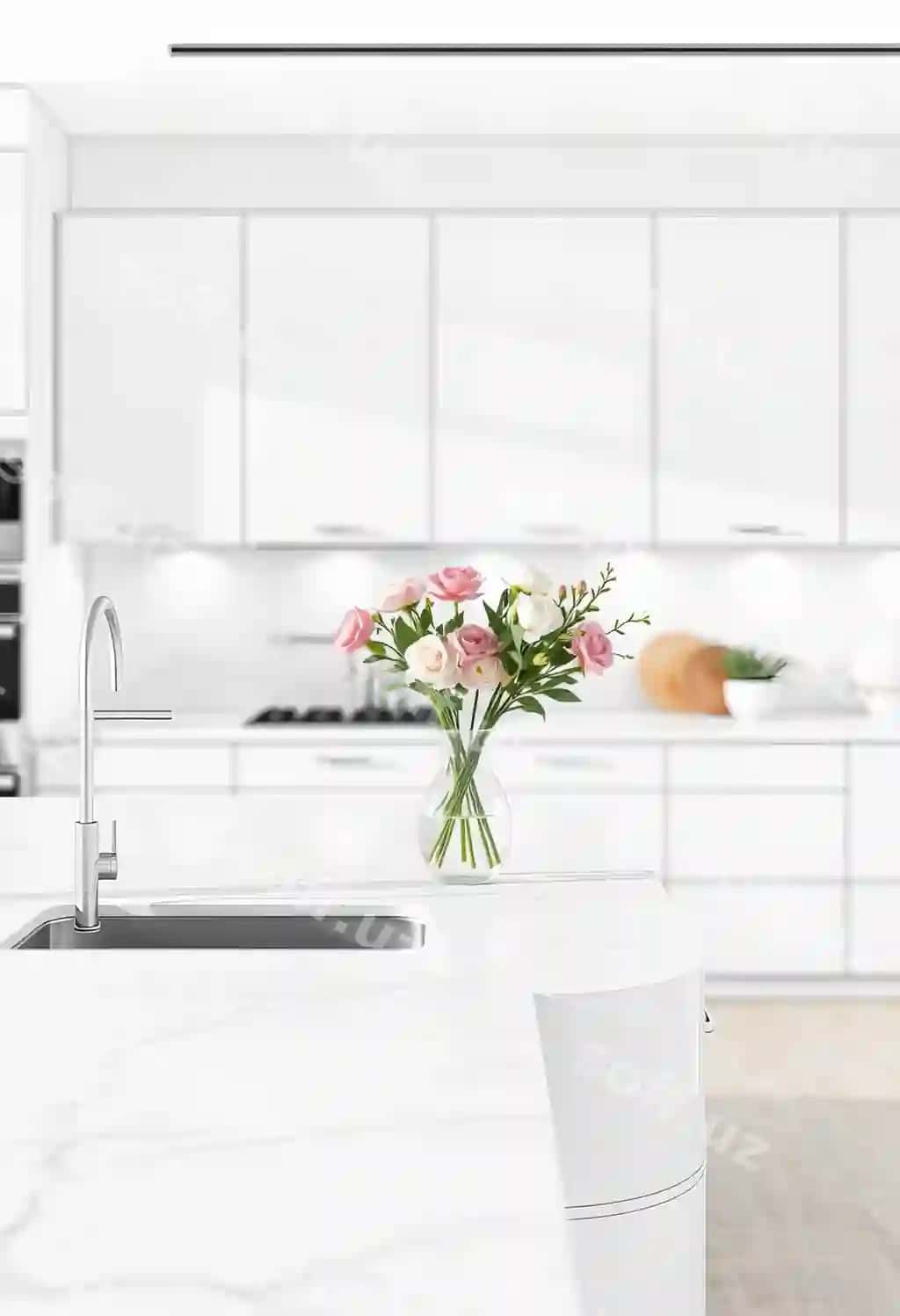Gullik vase oshxona chetka o'tirgan. | Vase flowers sits kitchen counter