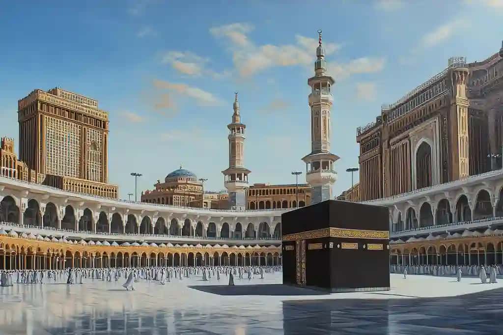 Ka'ba Makkasining ulug'vor manzarasi, buyuk masjid, panoramali nuqtai nazar, islom me'morchiligi, ma'naviyat | Majestic view kaaba meccas grand mosque panoramic perspective islamic architecture spirituality
