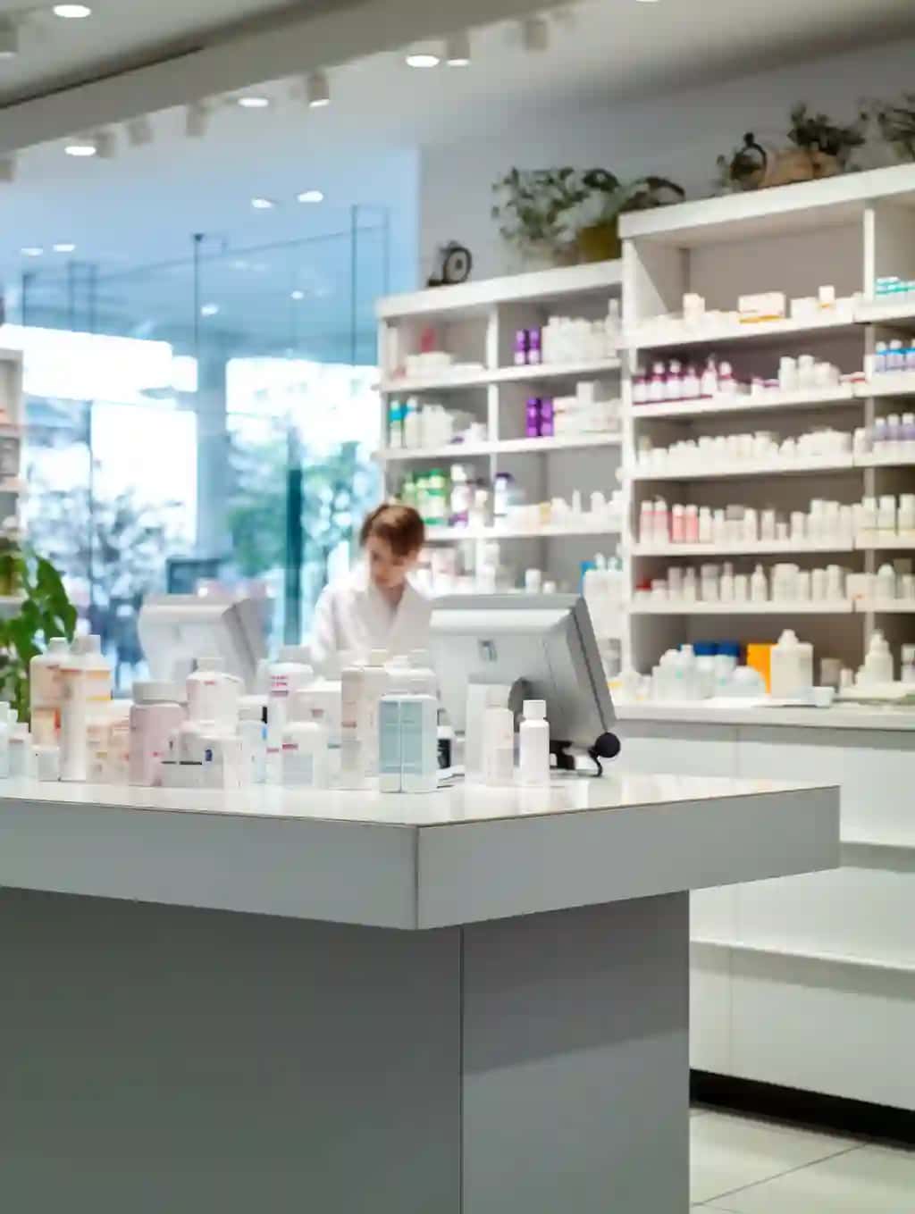 Javonlar bilan yaxshi tashkil etilgan dorixona dorixona peshtaxtasi | Wellorganized pharmacy drugstore counter with shelves