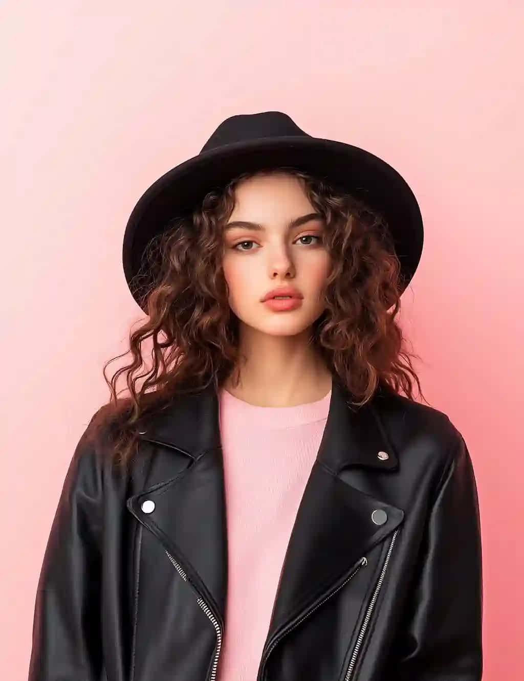 Chiroyli yosh ayol qora shlyapali charm kurtka | Stylish young woman black hat leather jacket