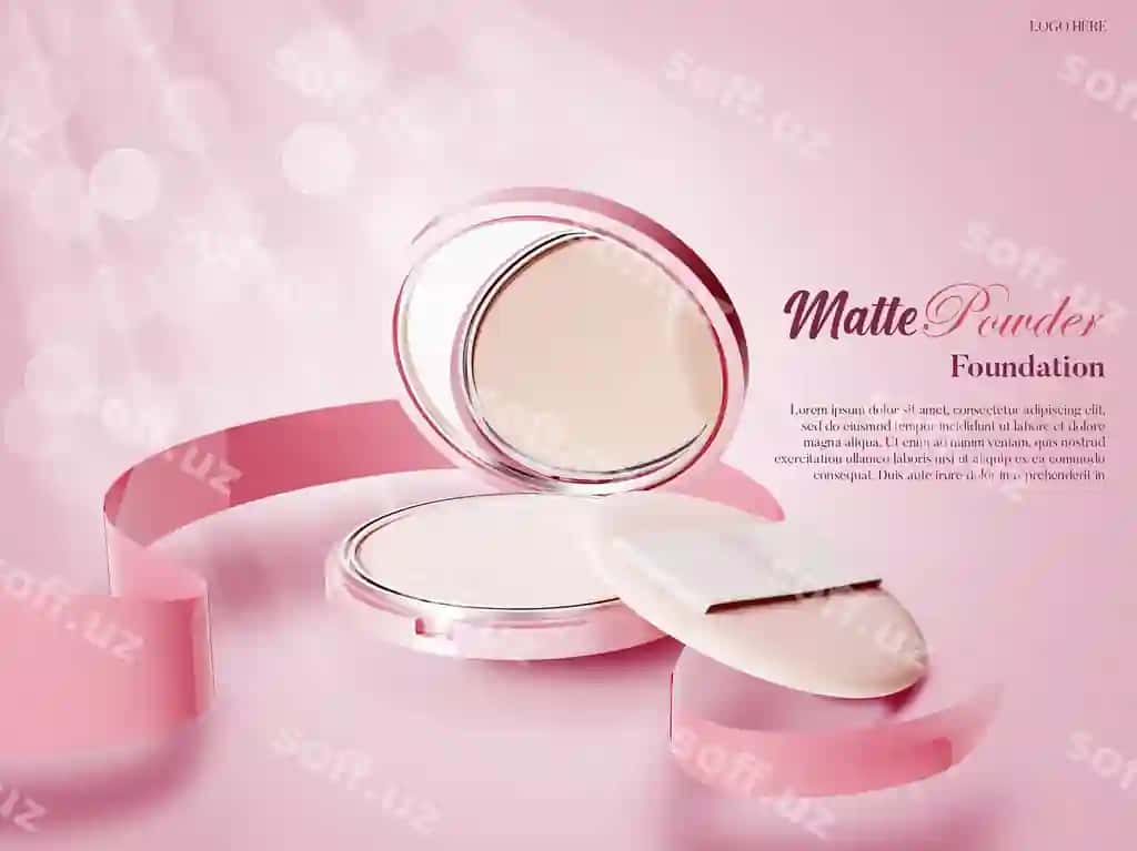 Elegant to'z fondatsiyasi lentalar bilan 3d illustratsiya | Elegant powder fondation with ribbons 3d illustration