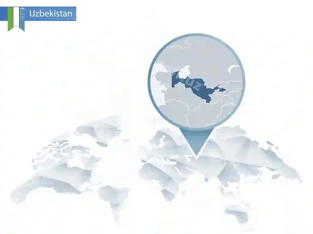 Abstrakt aylanma dunyo xaritasi qo'yilgan bo'limli O'zbekiston xaritasi vektor | Abstract rounded world map with pinned detailed uzbekistan map vector 2