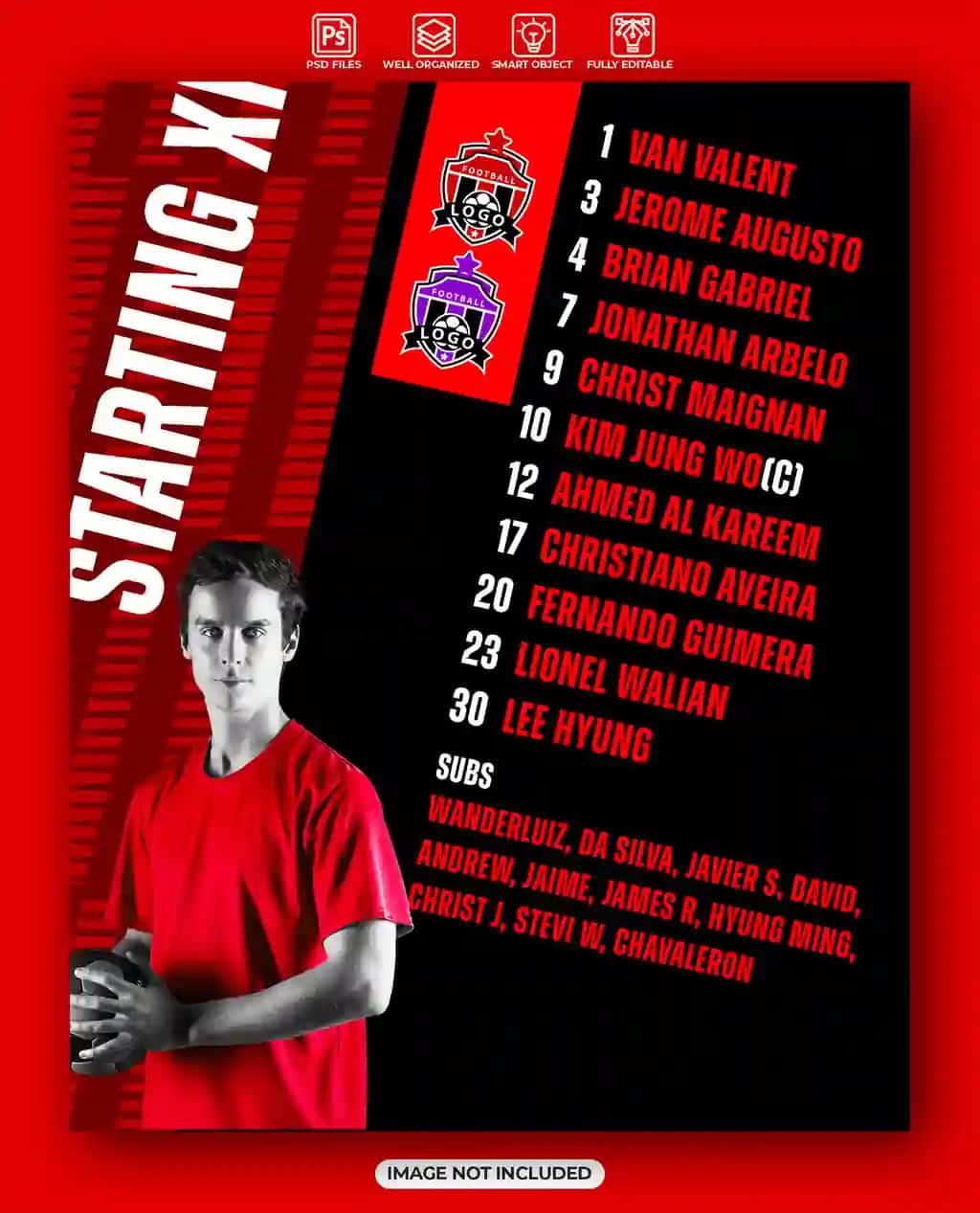 Futbol o'yinining boshlang'ich o'n birinchi shabloni | Football match starting eleven template