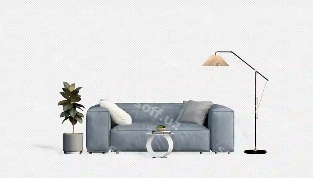 Mehmonxona ko'k divan lampasi bilan | Living room with blue couch lamp