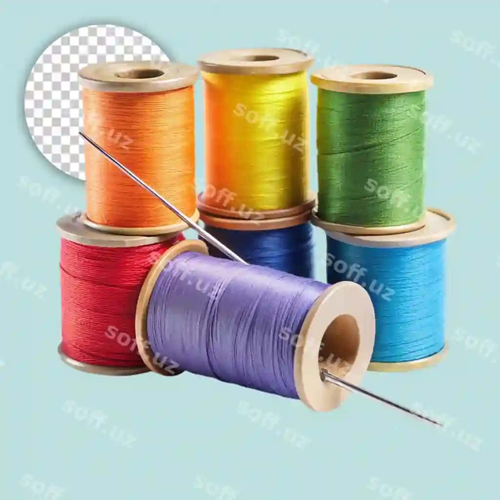 Ko'plarangli mato bobinlari shaffof orqa fonda joylashgan | Multi colored textile spools arranged transparent background