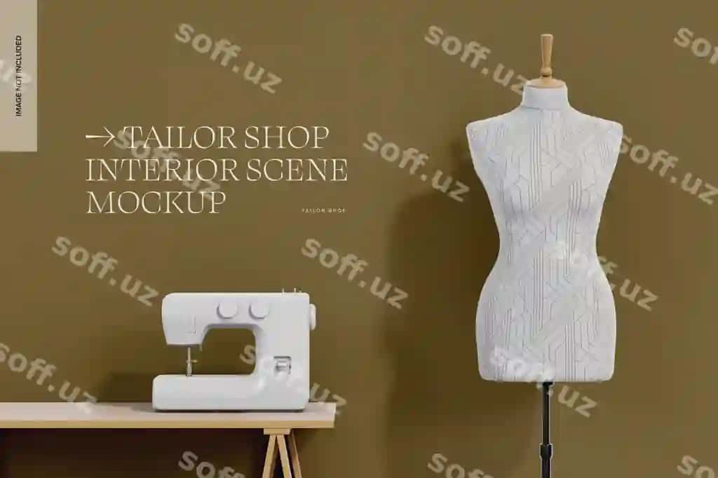 Tikuvchilik ustaxonasining ichki ko'rinishi maketining old ko'rinishi | Tailor shop interior scene mockup front view