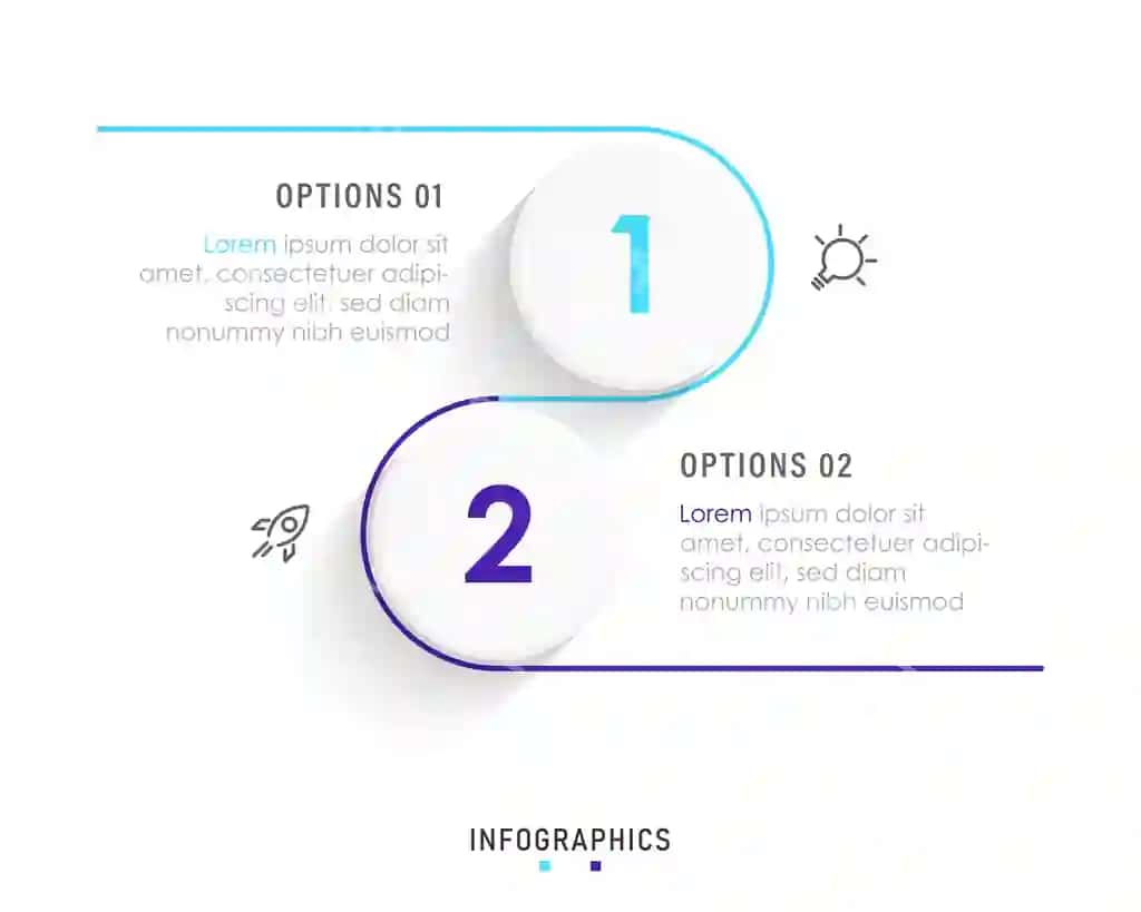 Belgilar bilan vektorli infografik yorliq dizayni shabloni 2 ta variant bosqichlari | Vector infographic label design template with icons 2 options steps