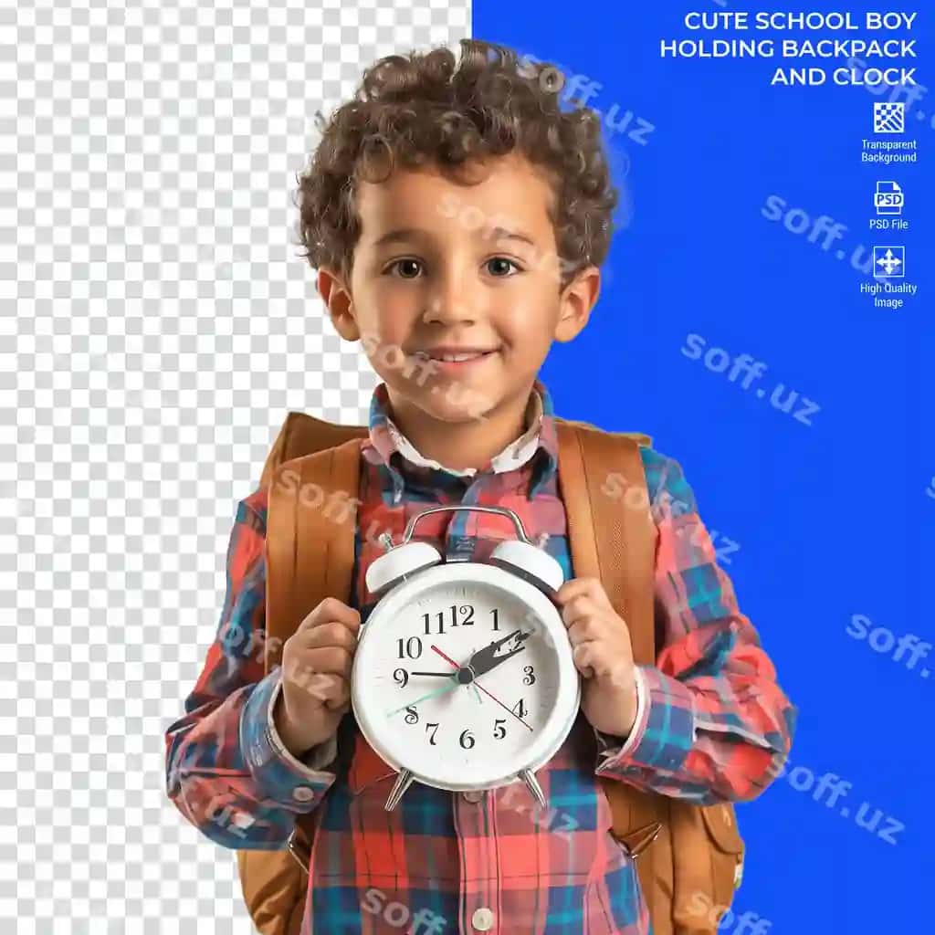 Chiroyli maktab o'quvchisi soatli rucksak bilan | Cute schoolboy with backpack clock