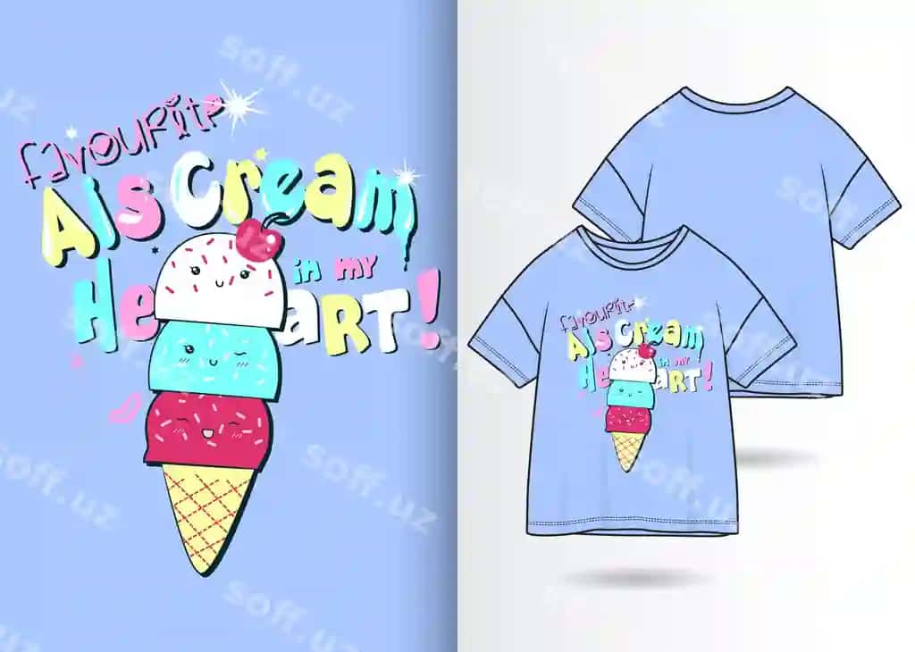 Qo'l bilan chizilgan chiroyli muzqiq illustratsiyasi futbolka dizayni bilan | Hand drawn cute ice cream illustration with t shirt design