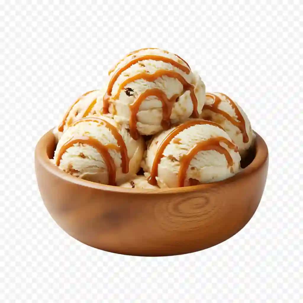Mazali karamelli muzqaymoq qoshiqlari yog'och piyola | Delicious caramel drizzled ice cream scoops wooden bowl
