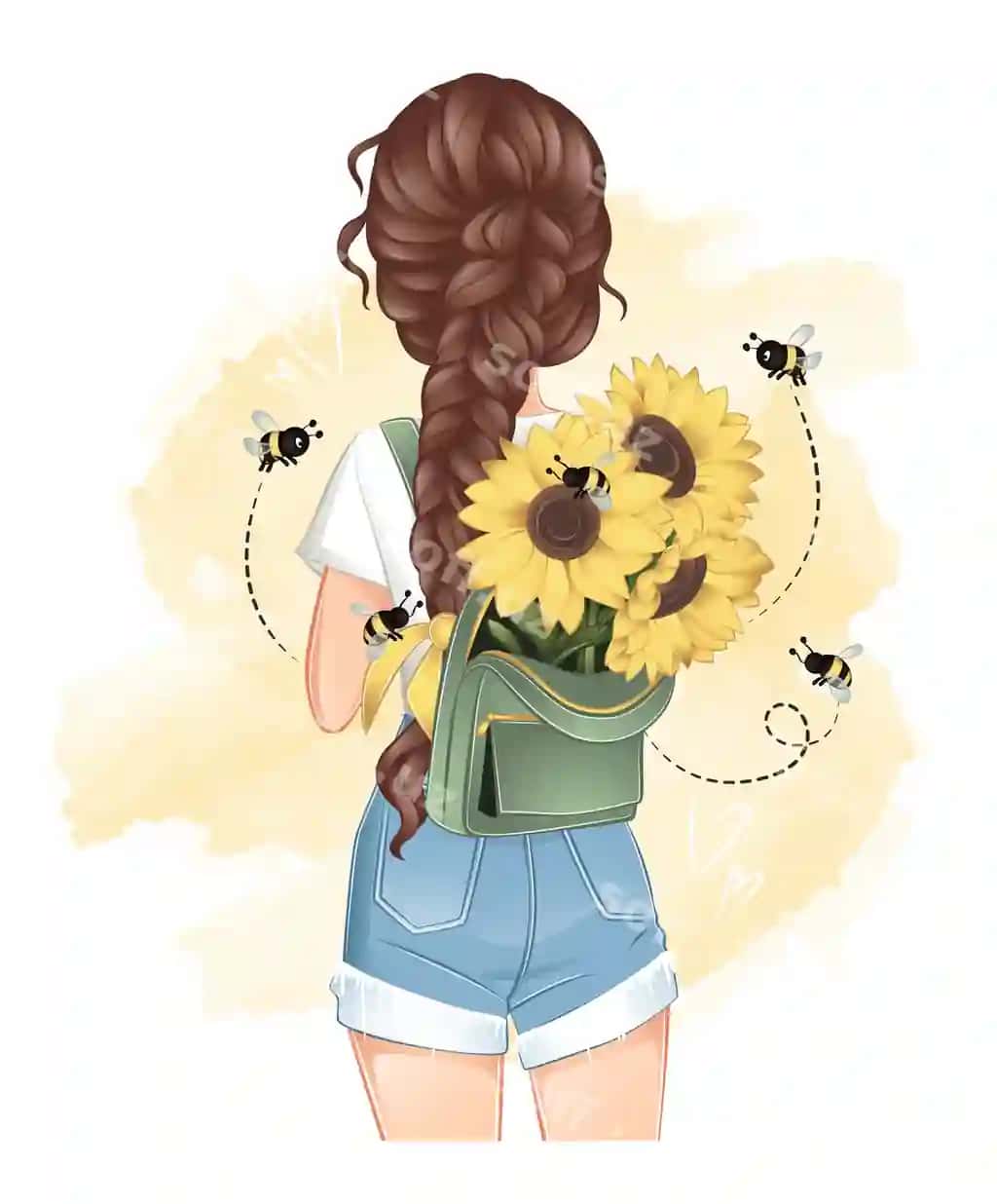 Yoz qizi asallar atrofida sungulli rucksak bilan | Summer girl with sunflowers backpack with bees around