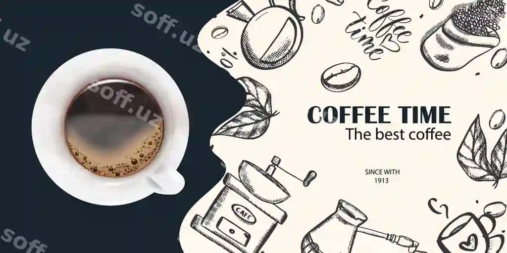 Kofe maydalagich barglari bilan qahva loviyalari bilan kofe eskizi banneri | Cup coffee sketch banner with coffee beans leaves coffee grinder