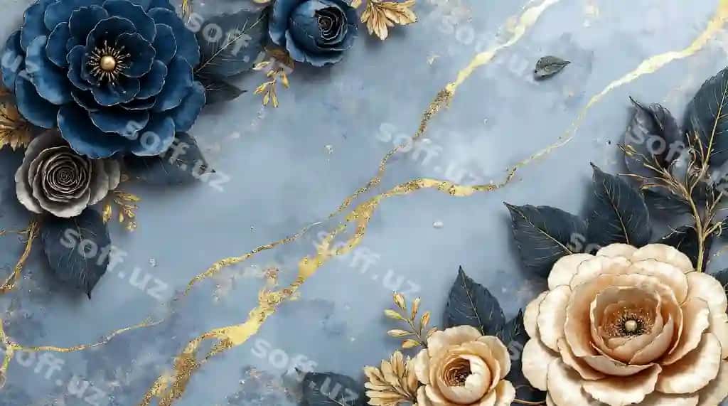 Moviy oltin bezaklar bilan bezatilgan nafis gulli kompozitsiya | Elegant floral composition with blue gold accents