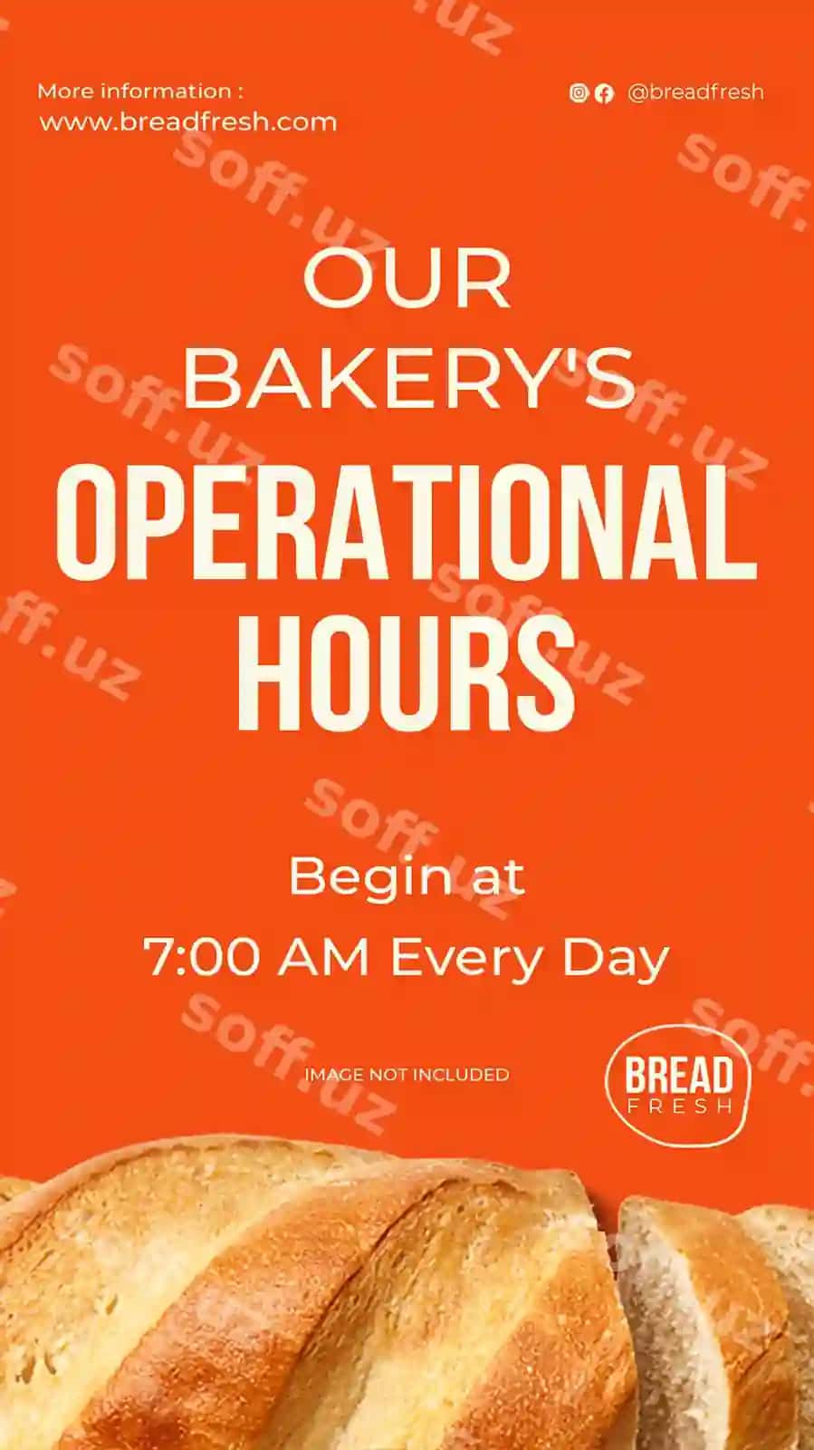 Novvoyxona ish vaqti toʻq sariq fonli Instagram post shabloni PSD | Psd bakery operational hours orange background instagram post template