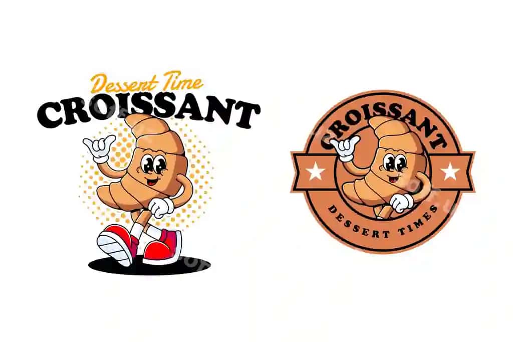 Kruasan mazali desert retro multfilm qahramoni maskot tasviri | Croissant tasty dessert retro cartoon character mascot illustration