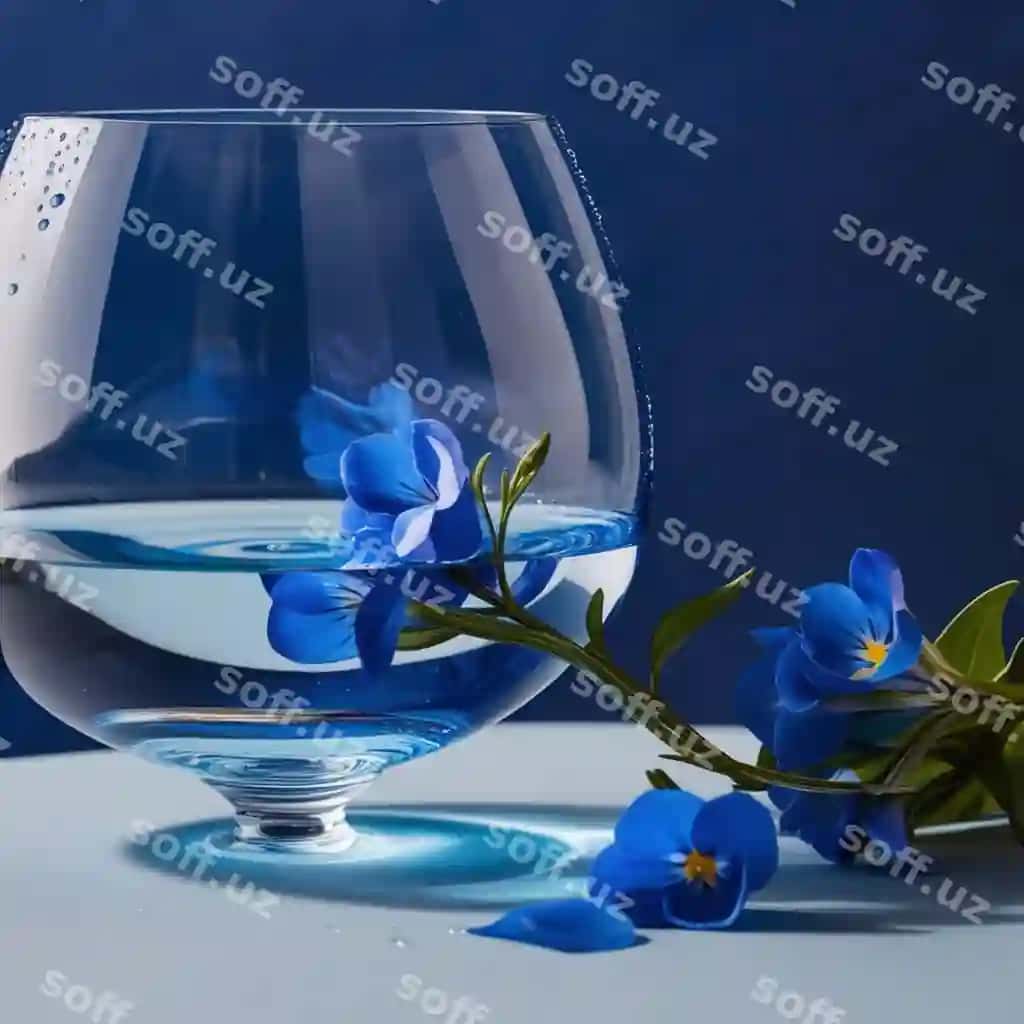 Stakan suv ko'k gullari bilan uni qoldiradi. | Glass water with blue flowers leaves it