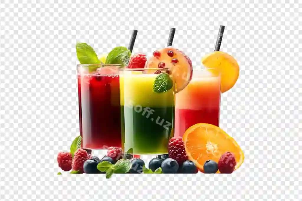 Sovuq meva suvlari taze boringlar bilan shaffof orqa fonda | Refreshing fruit juices with fresh berries transparent background
