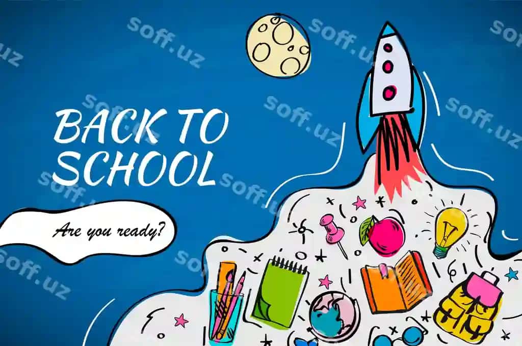 Raketali dudllar fonida qo‘nish sahifasi shabloni bilan orqa maktab | Back school with rocket doodles background landing page template